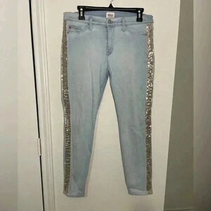Hudson Light Wash Luna Cropped Super Skinny Silver Sequined Jeans Womens Size 32
